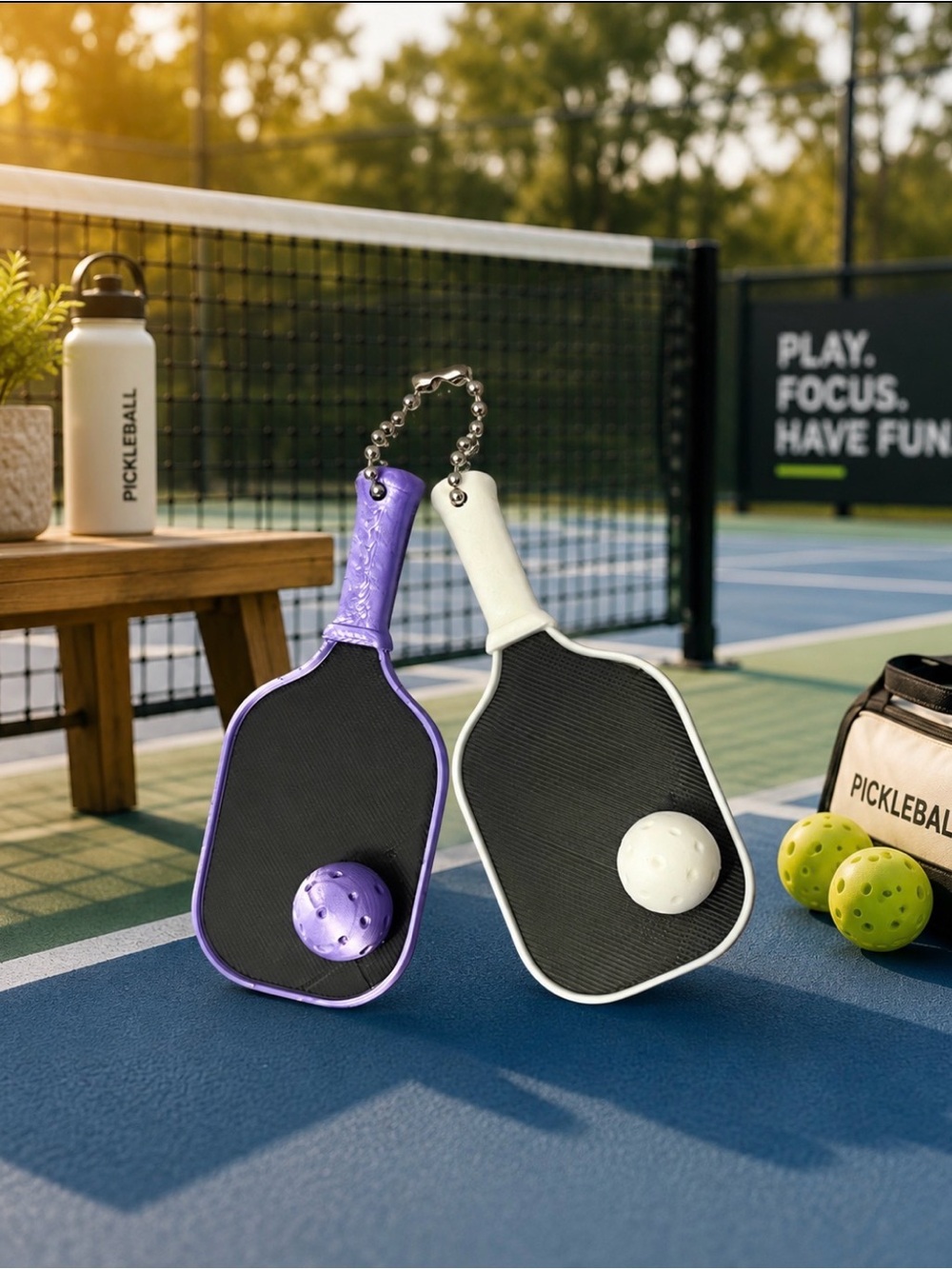 Pickleball Paddle Set with Purple and White Paddles Keychain Pendant